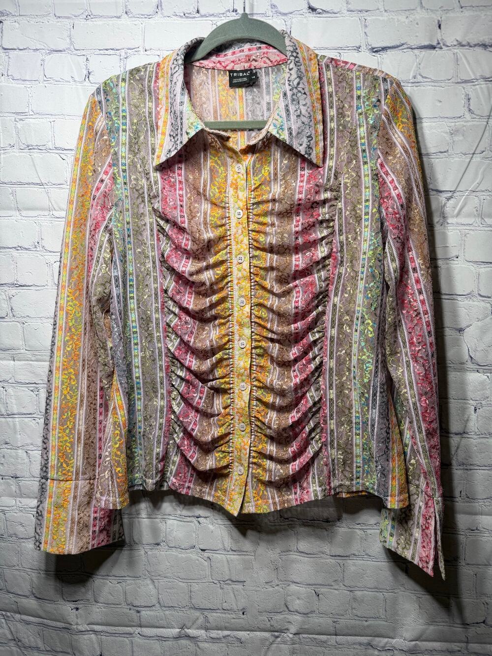 Tribal Womens Sheer Lace Rainbow Button Down Sz 14 Rave Fairy Grunge